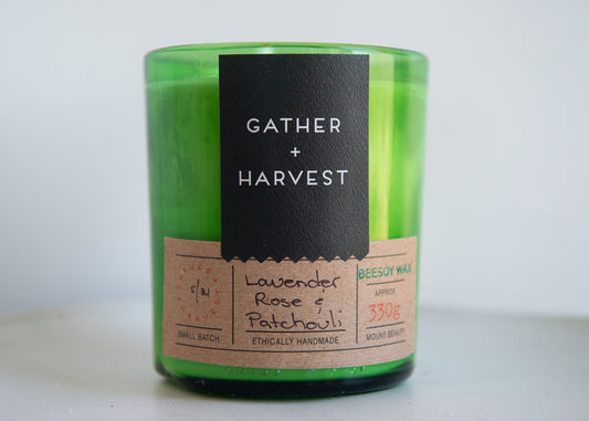 This handmade BeeSoy Candle in Lavender, Rose & Patchouli scent is ethically made in the Gather + Harvest Studio