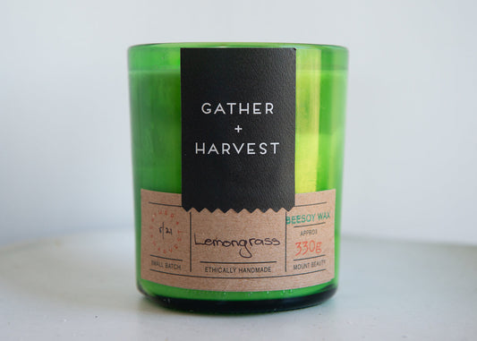 This handmade BeeSoy Candle in Lemongrass scent is ethically made in the Gather + Harvest Studio
