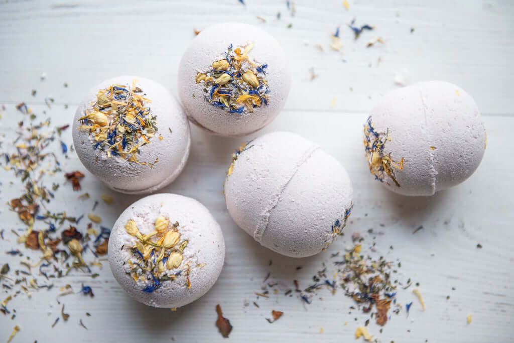 The natural vegan bath bombs with May Chang & Purple Clay are perfect for moments of self care