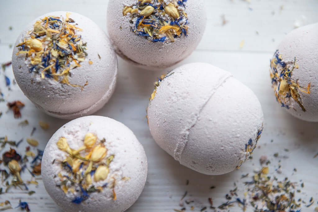 The natural vegan bath bombs with May Chang & Purple Clay are perfect for moments of self care