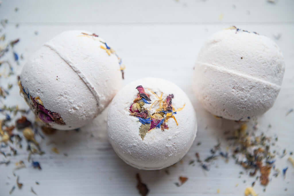 The natural vegan bath bombs with  Rose Geranium & Pink Clay are perfect for moments of self care
