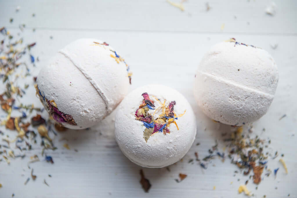The natural vegan bath bombs with  Rose Geranium & Pink Clay are perfect for moments of self care